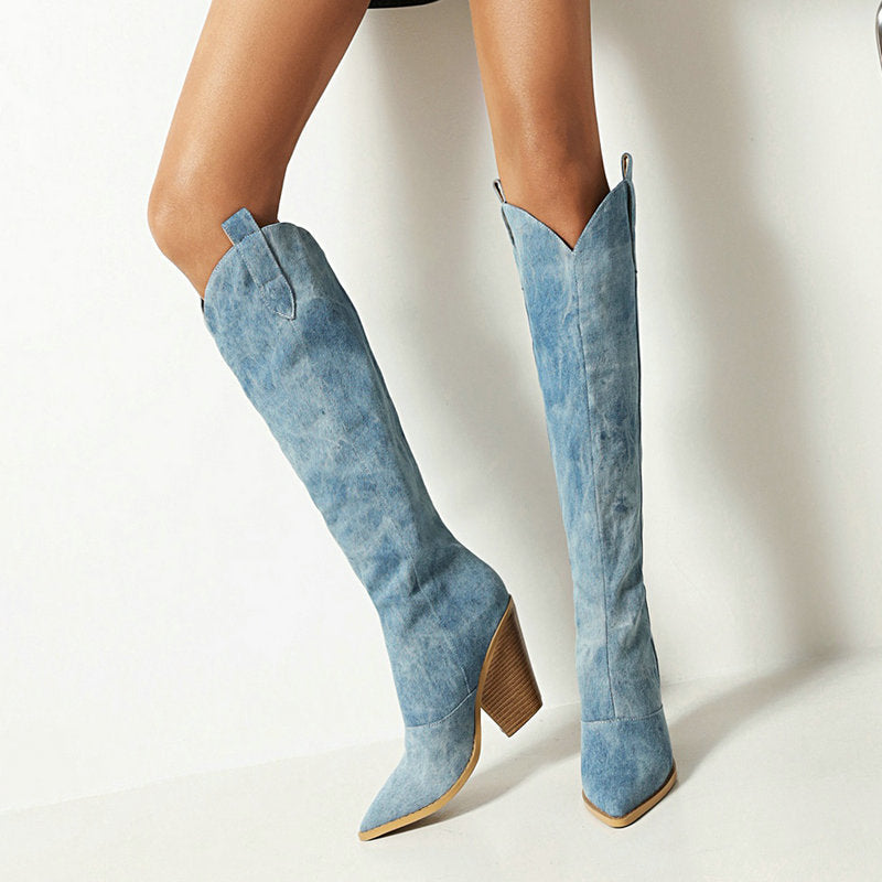 Ladies Tall Blue Boots with Block Heel and Pointed Toe - ModishWorld