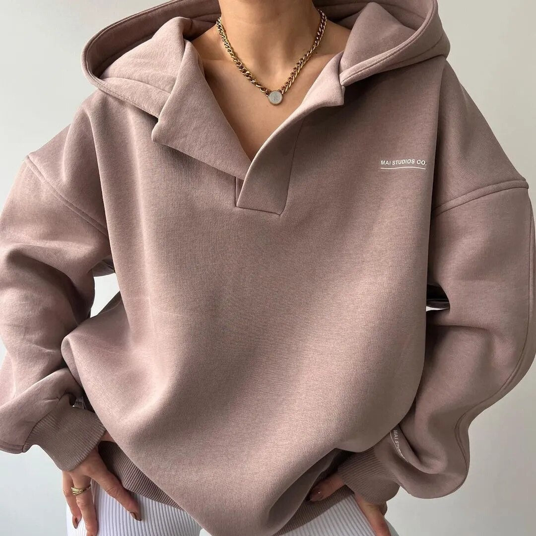 Relaxed Fit Women's V-Neck Hooded Sweater - ModishWorld