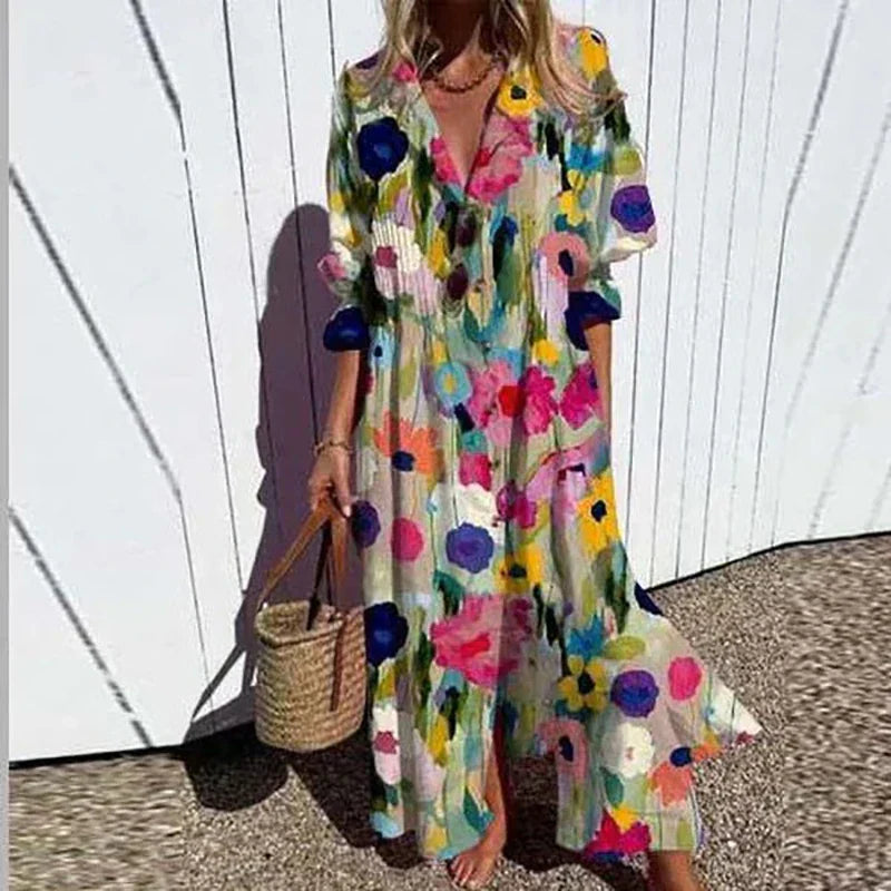 Elegant V-Neck Maxi Dress - Loose Fit Summer Dress - ModishWorld