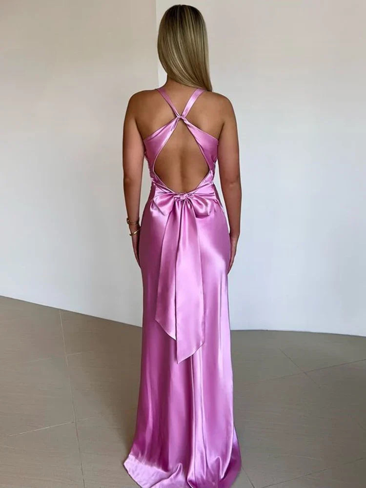 Luxurious Satin Halter Neck Formal Gown for Women