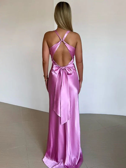 Luxurious Satin Halter Neck Formal Gown for Women