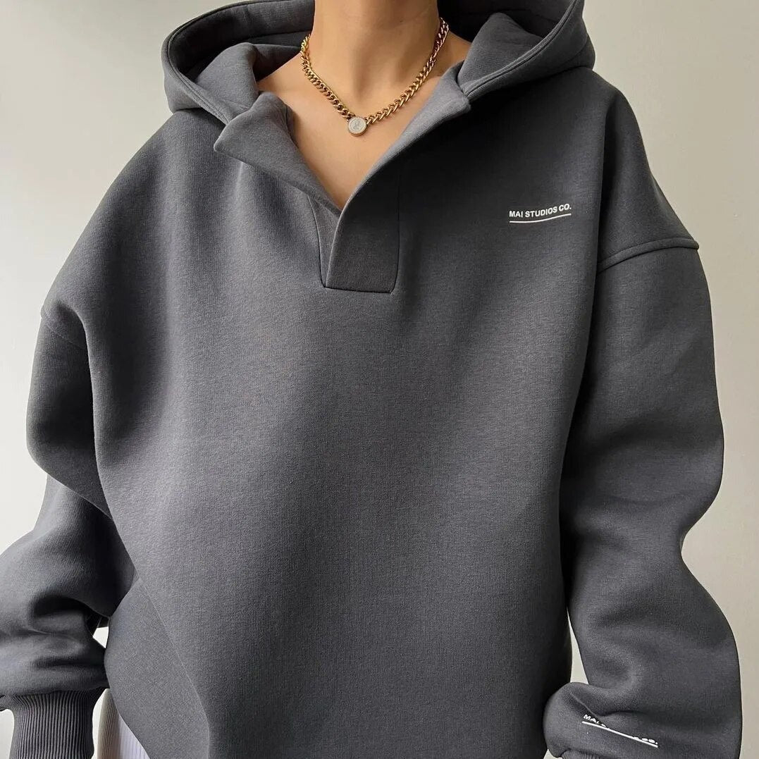 Relaxed Fit Women's V-Neck Hooded Sweater