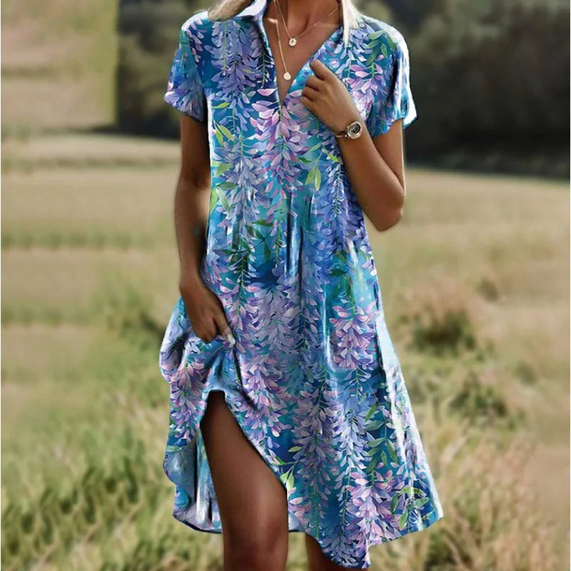 Beautiful Flower V-Neck Button Dress