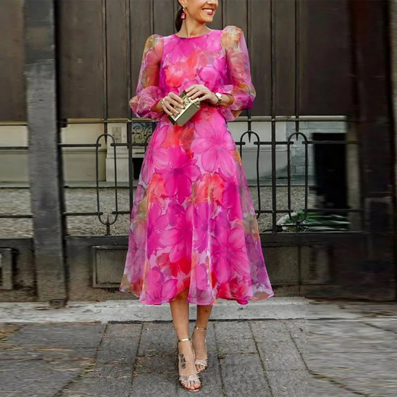 Pretty Floral Midi Dress for Ladies, Pastel Pink Blue - ModishWorld