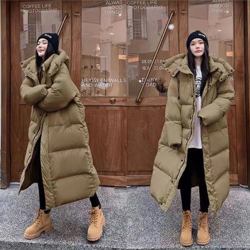 Warm Women's Down Maxi Parka Coat with Removable Hood - ModishWorld