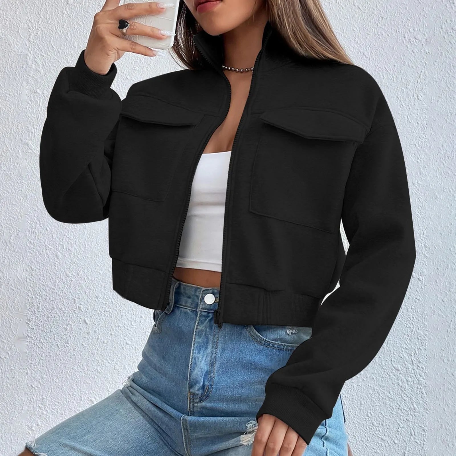 Chic Women's Cropped Zip Front Top - ModishWorld