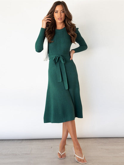 Ladies' Cable Knit Dress with Puffy Sleeves and Waist Belt