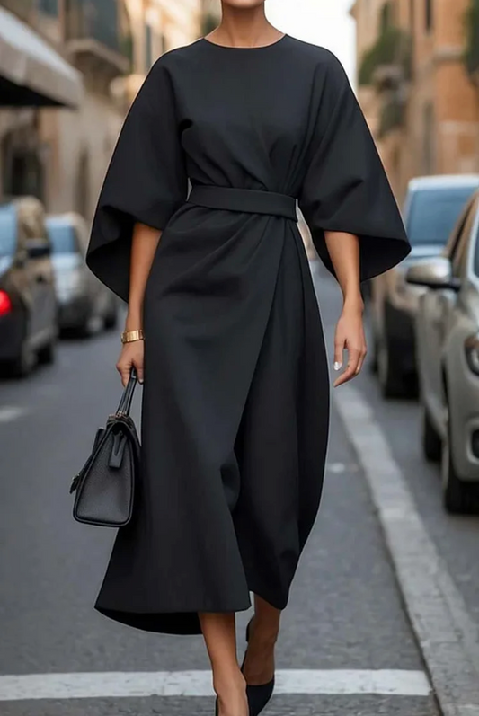 Chic Flowy Long Dress with Waist Belt - ModishWorld