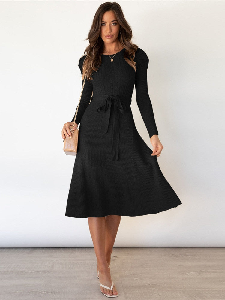Ladies' Cable Knit Dress with Puffy Sleeves and Waist Belt