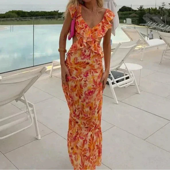Bright Coral Flowy Long Dress for Ladies - ModishWorld