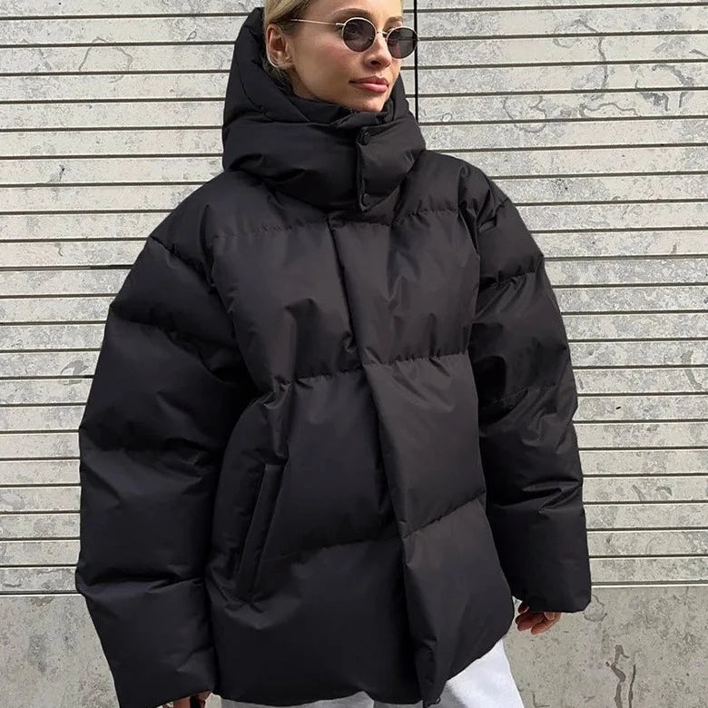 Warm Women's Puffer Coat - High Neck Hooded Parka - ModishWorld