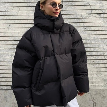 Warm Women's Puffer Coat - High Neck Hooded Parka - ModishWorld