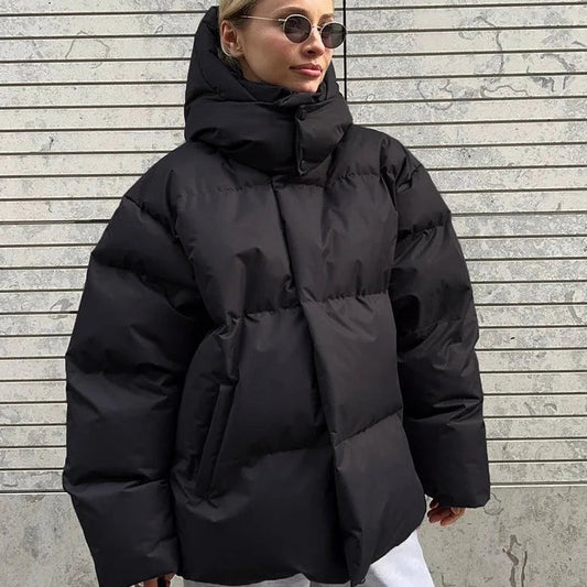 Warm Women's Puffer Coat - High Neck Hooded Parka - ModishWorld