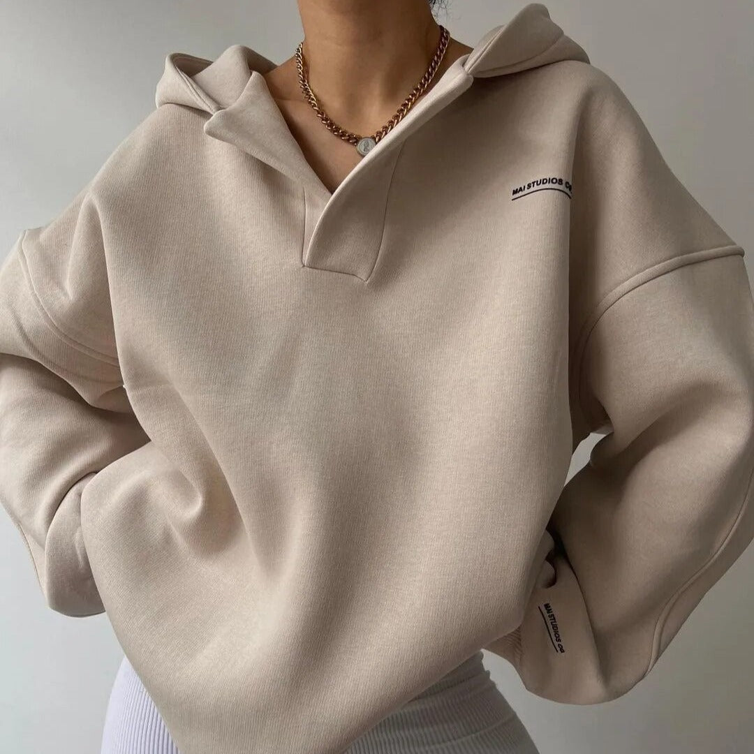 Relaxed Fit Women's V-Neck Hooded Sweater