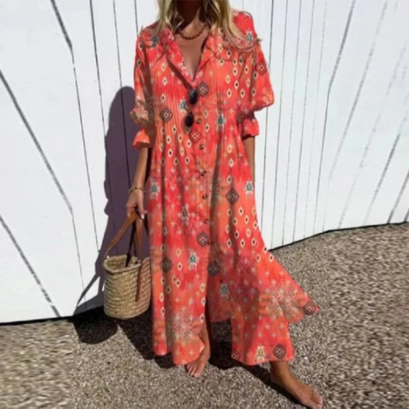 Elegant V-Neck Maxi Dress - Loose Fit Summer Dress