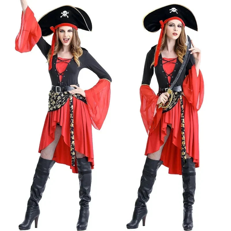 Ladies Pirate Costume Red Black Dress with Hat - ModishWorld