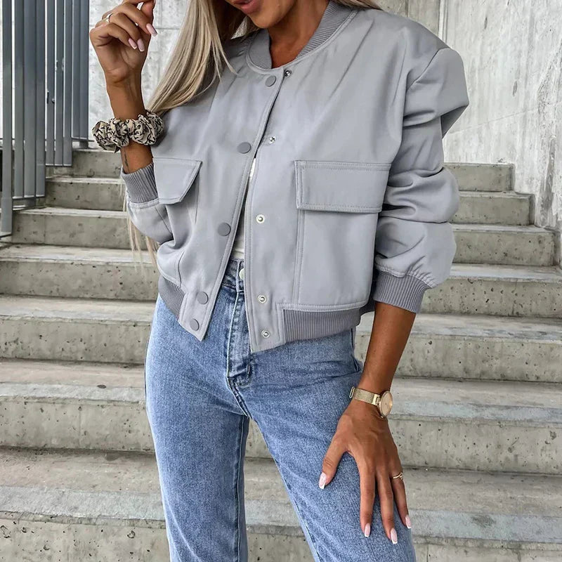 Women's Casual Flight Jacket with Button Front