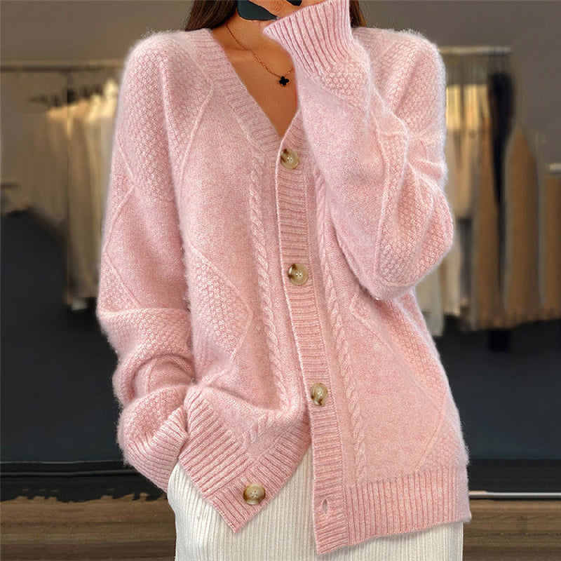Ladies' Open Front Cardigan - V Neck Diamond Knit Sweater - ModishWorld
