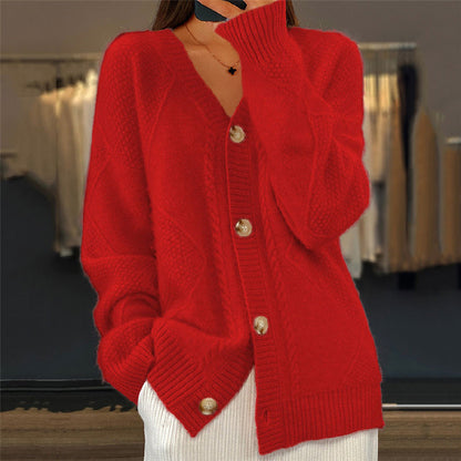 Ladies' Open Front Cardigan - V Neck Diamond Knit Sweater