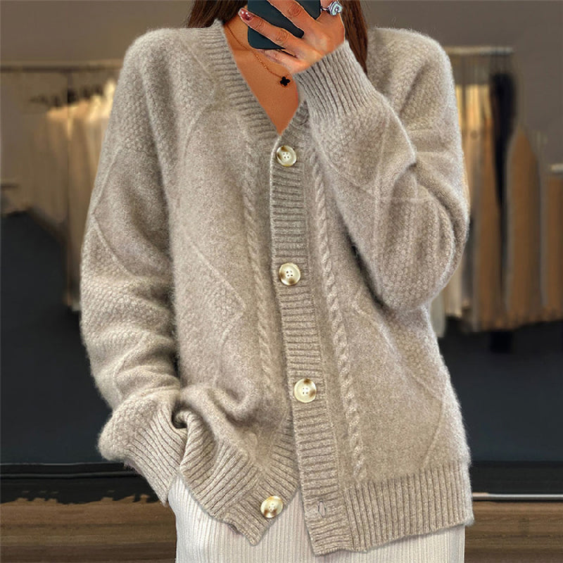 Ladies' Open Front Cardigan - V Neck Diamond Knit Sweater