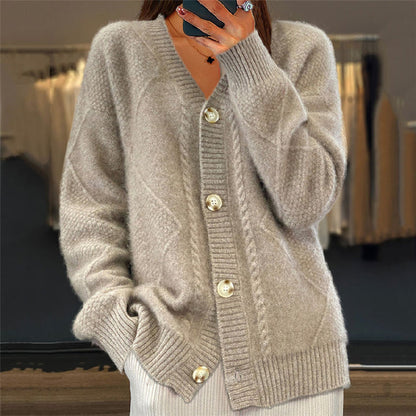 Ladies' Open Front Cardigan - V Neck Diamond Knit Sweater
