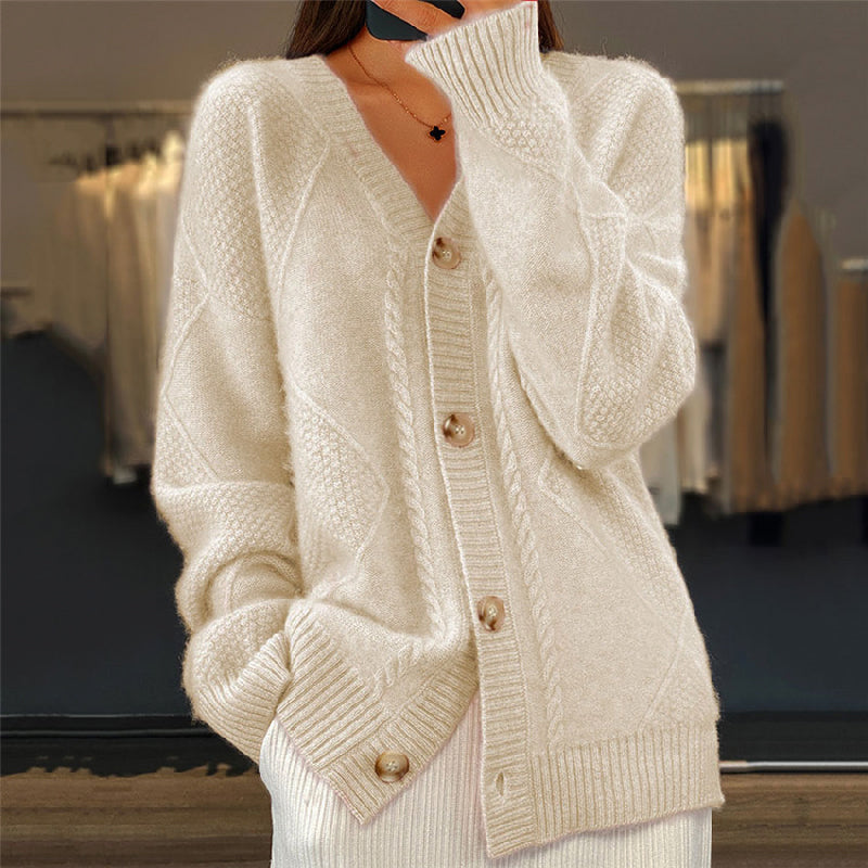 Ladies' Open Front Cardigan - V Neck Diamond Knit Sweater