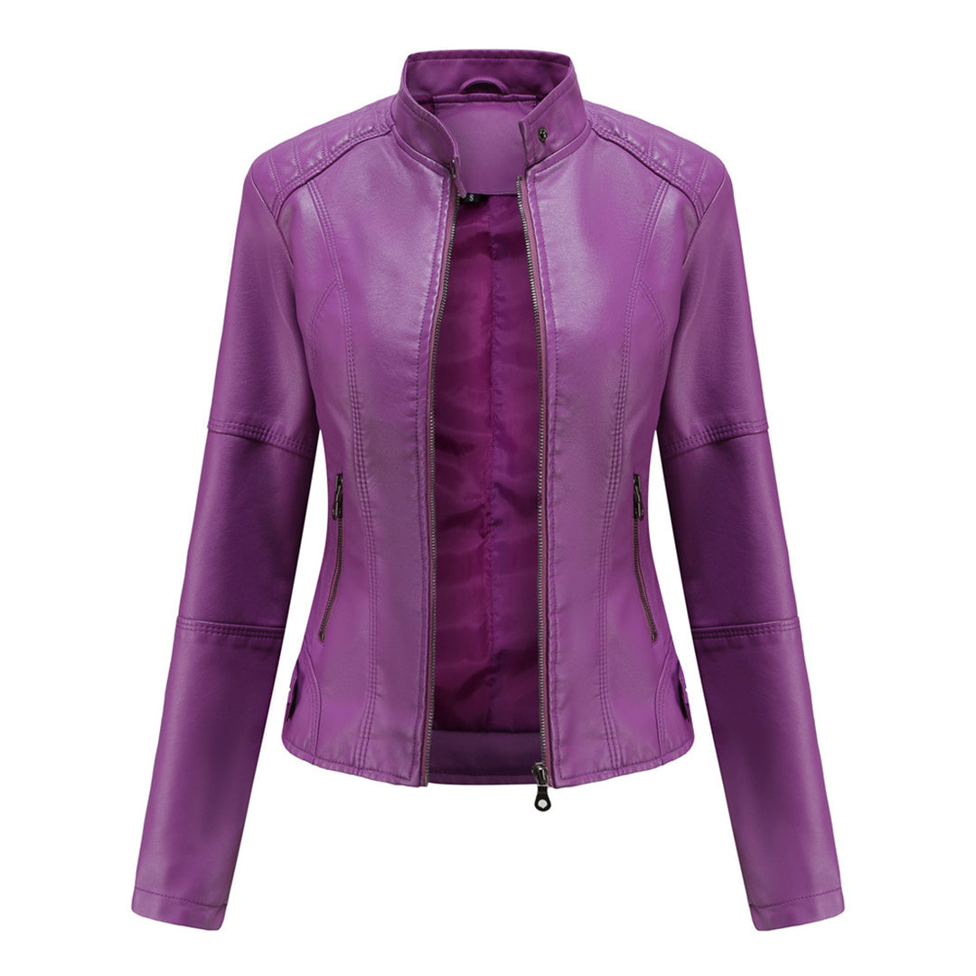 Feminine Leather Moto Jacket with Zip Front