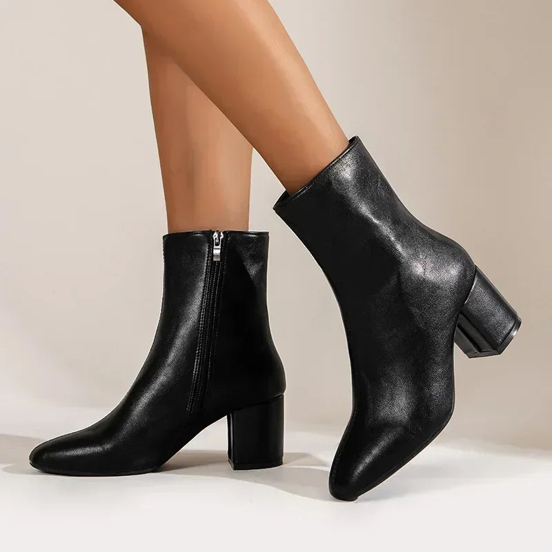 Women's Boots - Thick Heel Square Toe Ankle Boots - ModishWorld