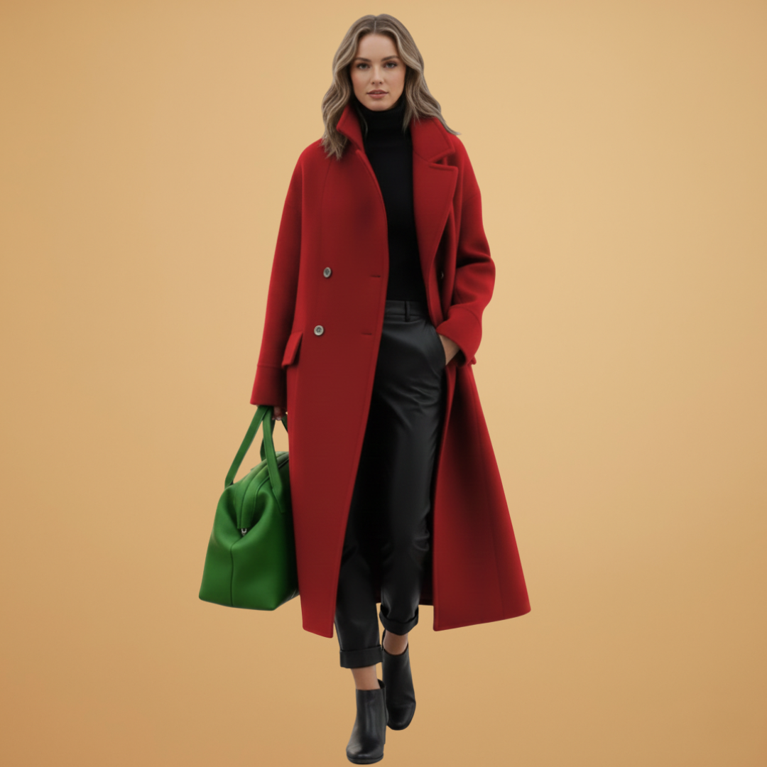 Ladies Classic Overcoat with Faux Fur Collar and Pocket Details