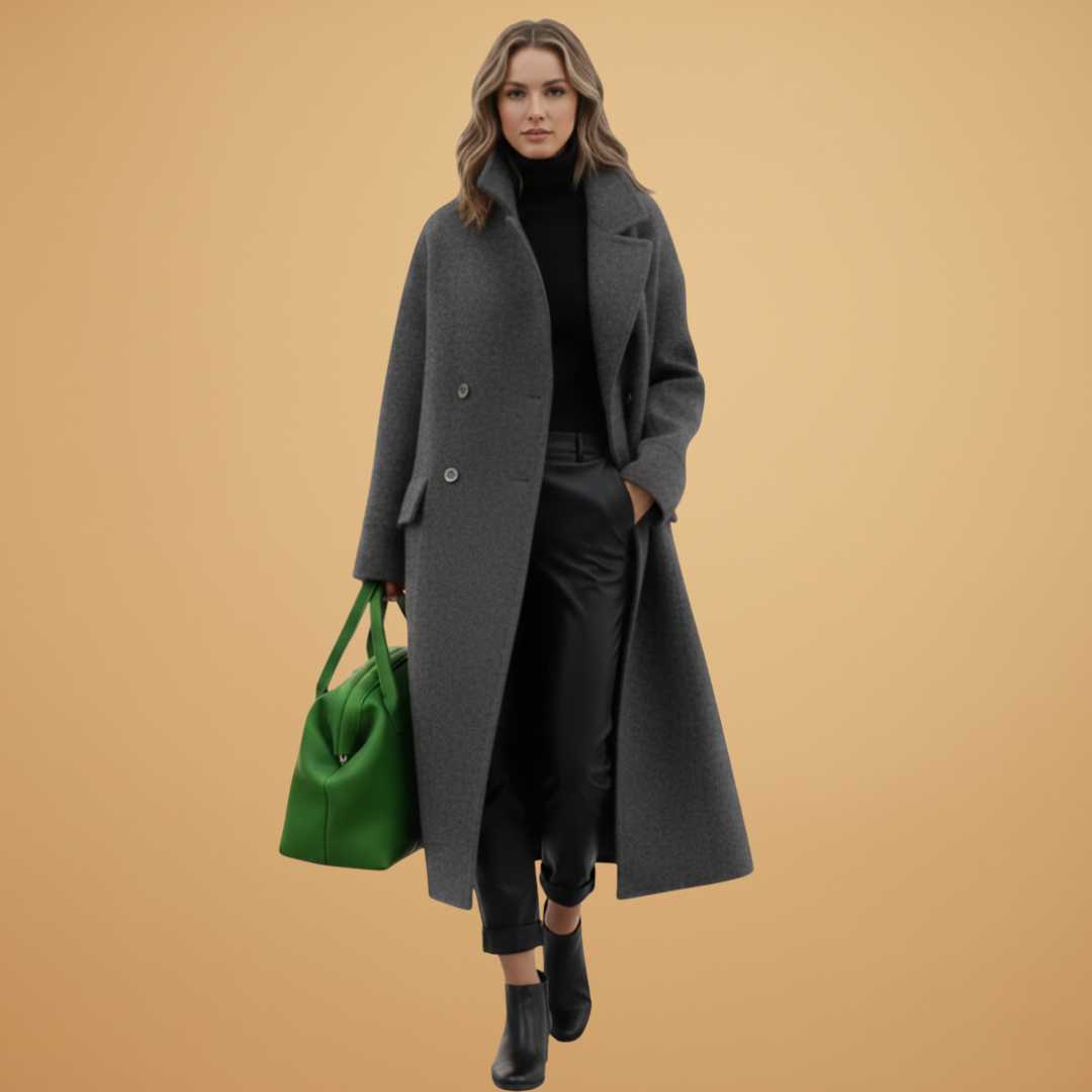 Ladies Classic Overcoat with Faux Fur Collar and Pocket Details