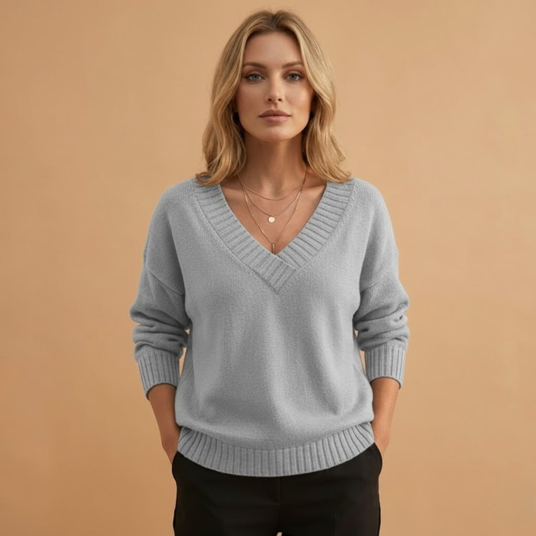 Relaxed Fit V-Neck Women's Sweater with Texture Details