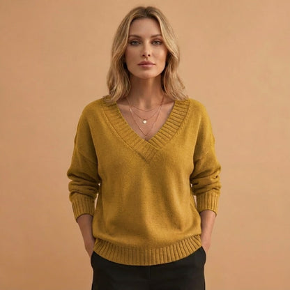 Relaxed Fit V-Neck Women's Sweater with Texture Details
