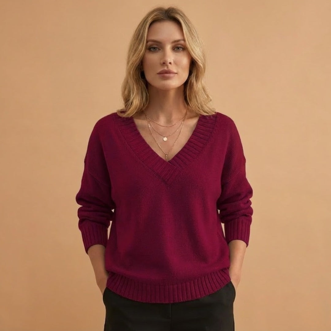 Relaxed Fit V-Neck Women's Sweater with Texture Details