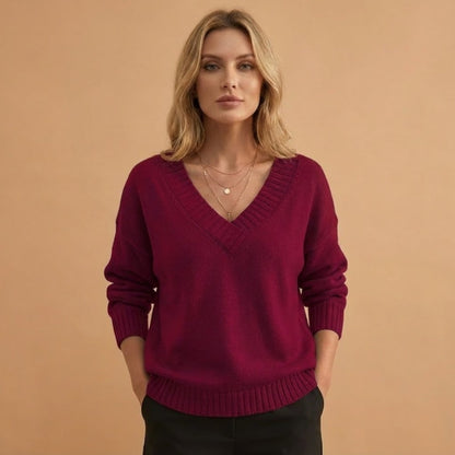 Relaxed Fit V-Neck Women's Sweater with Texture Details