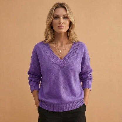 Relaxed Fit V-Neck Women's Sweater with Texture Details