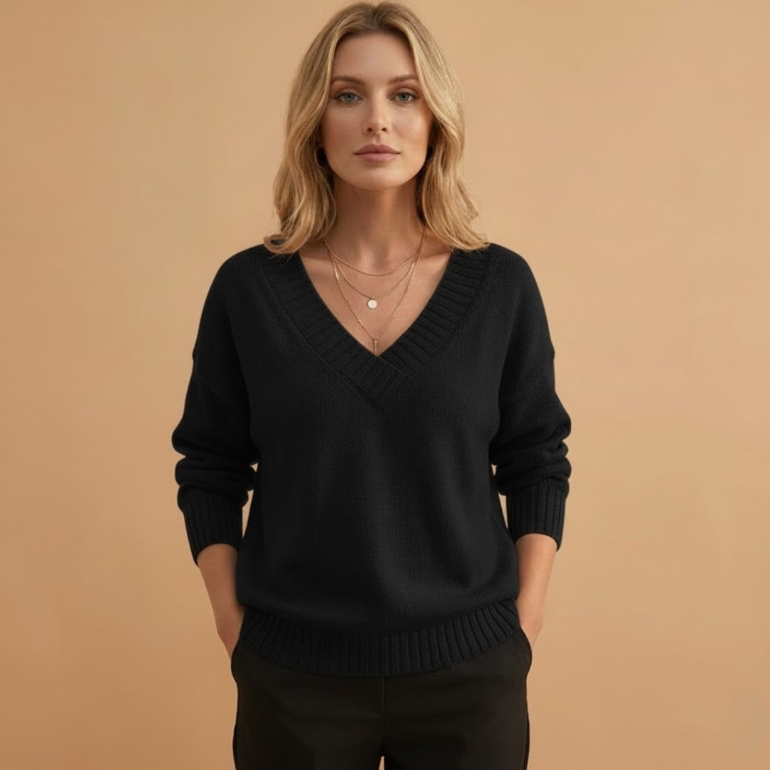 Relaxed Fit V-Neck Women's Sweater with Texture Details