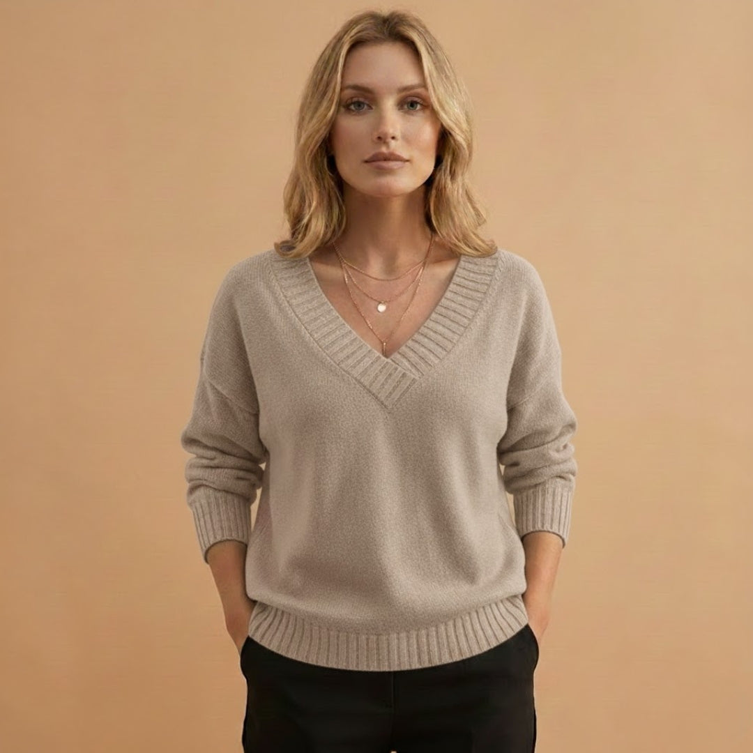 Relaxed Fit V-Neck Women's Sweater with Texture Details