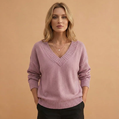 Relaxed Fit V-Neck Women's Sweater with Texture Details