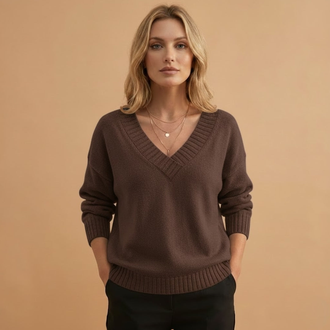 Relaxed Fit V-Neck Women's Sweater with Texture Details