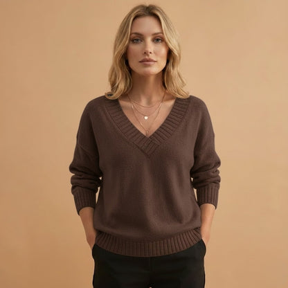 Relaxed Fit V-Neck Women's Sweater with Texture Details