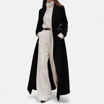 Women's Long Black Winter Coat with Classic Lapel