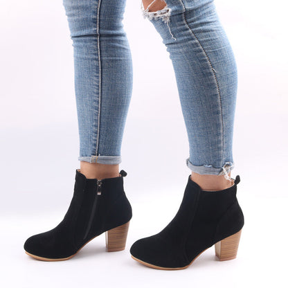 Ladies' Leather Low Heel Ankle Boots with Zipper
