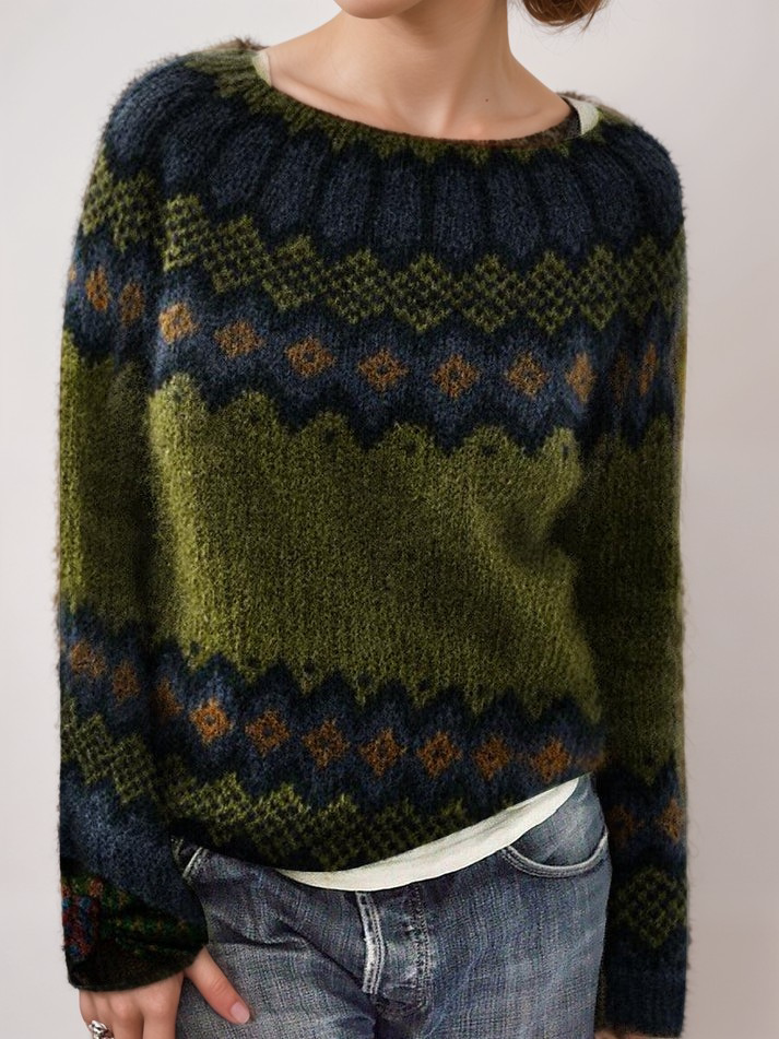 Classic Patterned Crew Neck Sweater for Women - ModishWorld