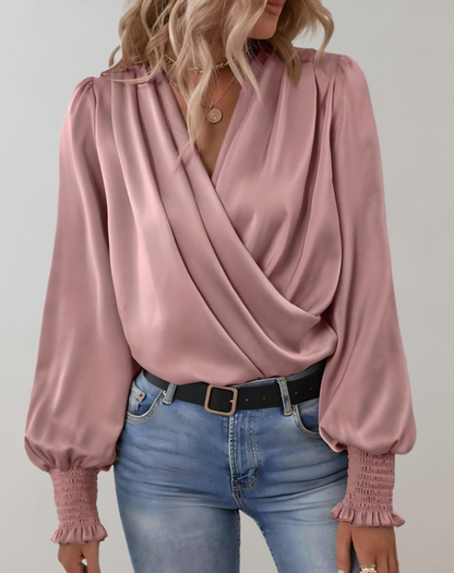 Ladies Silk V Neck Ruffle Top - ModishWorld