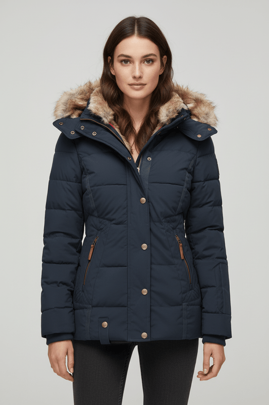 Warm Women's Down Filled Parka Coat with Faux Fur Hood - Modish World