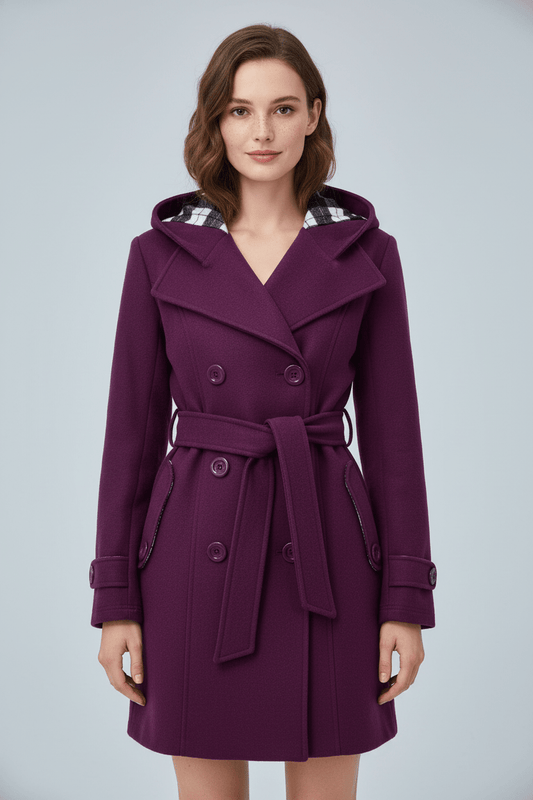 Warm Women's Wool Hooded Winter Coat with Belted Waist - Modish World