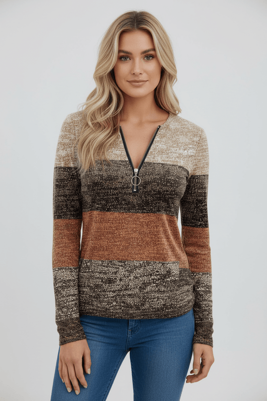 Women's Cozy Zip Neck Knit Top with Colorful Print - Modish World