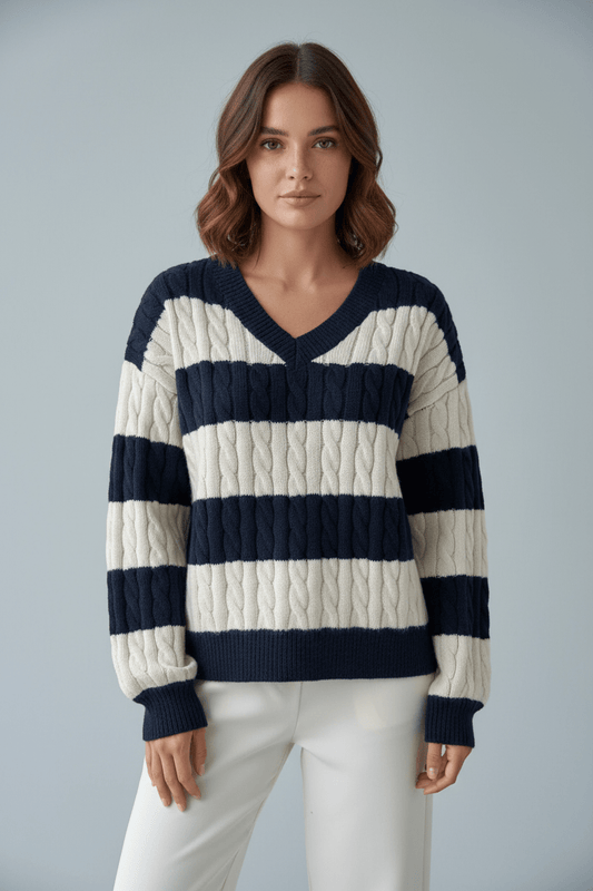 Women's Cozy Loose Fit Crew Neck Sweater with Stripes - Modish World