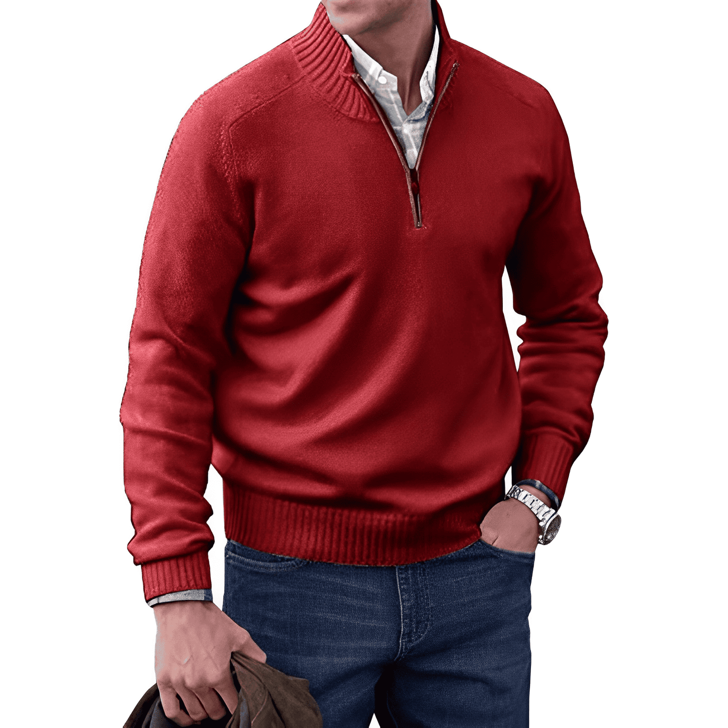 Men's Pullover Sweater - Quarter Zip Neck Ribbed Cuffs