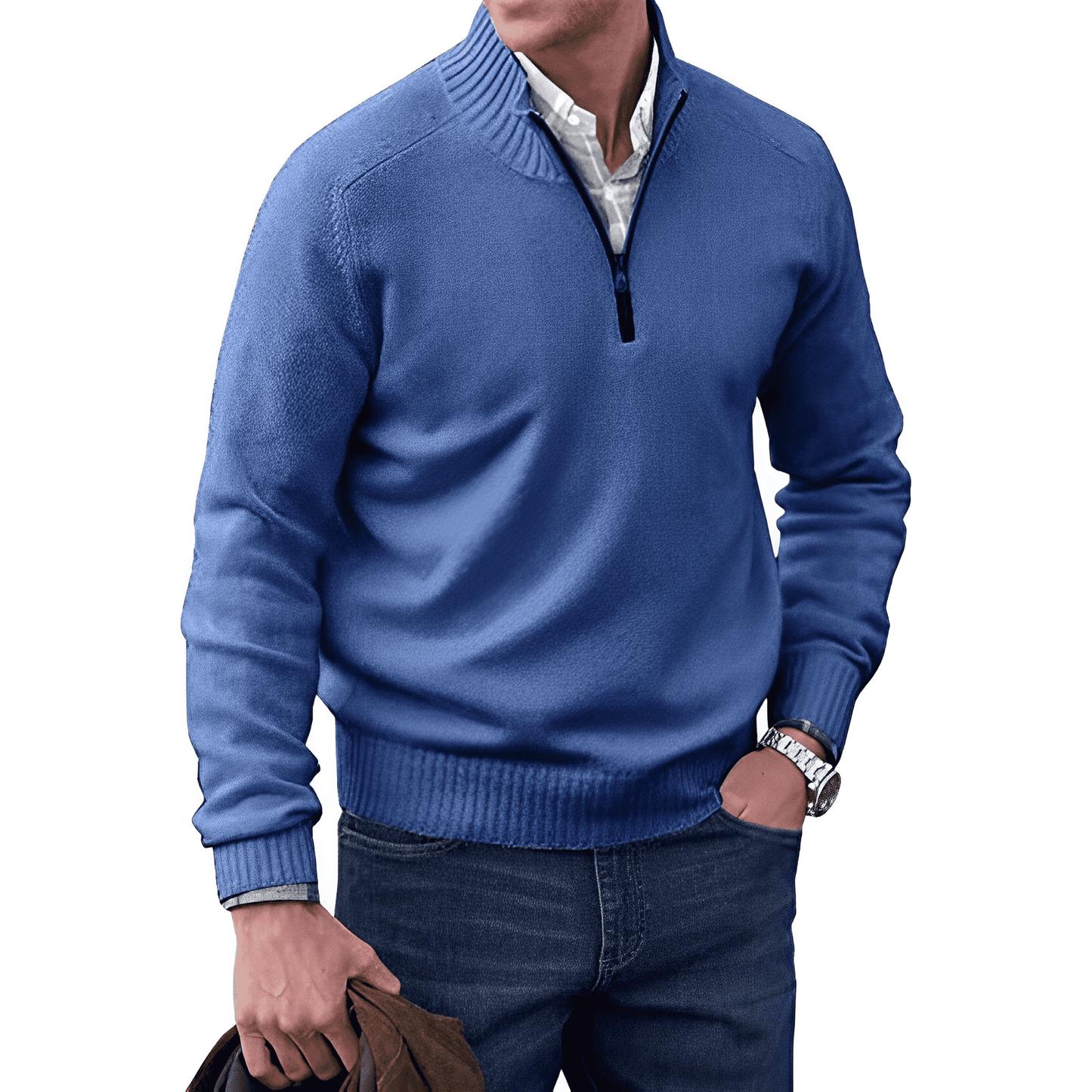 Men's Pullover Sweater - Quarter Zip Neck Ribbed Cuffs